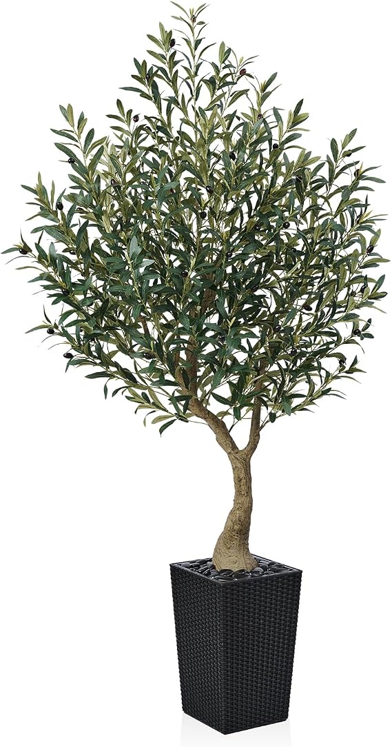 VeriNatural Artificial Olive Tree 180 cm - Tall Faux Plant with 1722 Silk Leaves, 78 Fruits, UV Resistant with Black Taper Planter - Large Artificial Plants for Indoors Outdoors Home Garden, VN137
