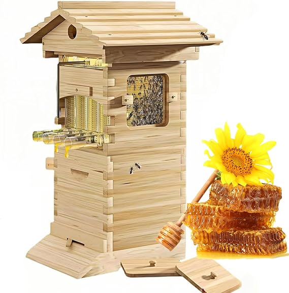 Beehive Starter Kit, Carpenter Bees House with Observation Window & Honey Spout, Bee Hive Starter Kit, Self-flowing Honey Wooden Bee Boxb