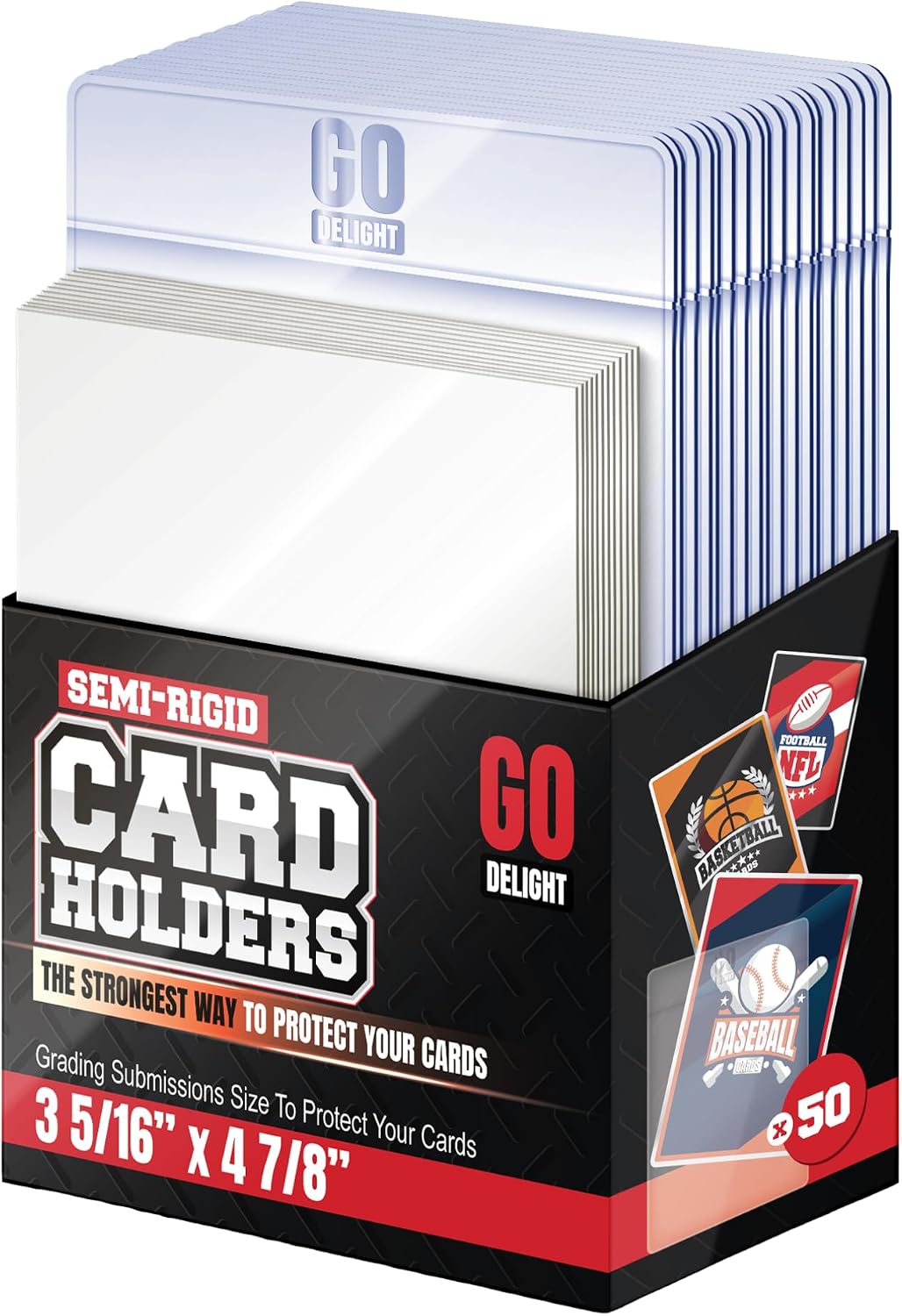GO DELIGHT Semi-Hard Card Holders - 50 Card Holders and 50 Kurus Sleeves for Trading Cards - Baseball Card Protectors - Baseball Card Cases -3-5/16" x 4-7/8" 1/2" Lip Included - Trading Card Cases