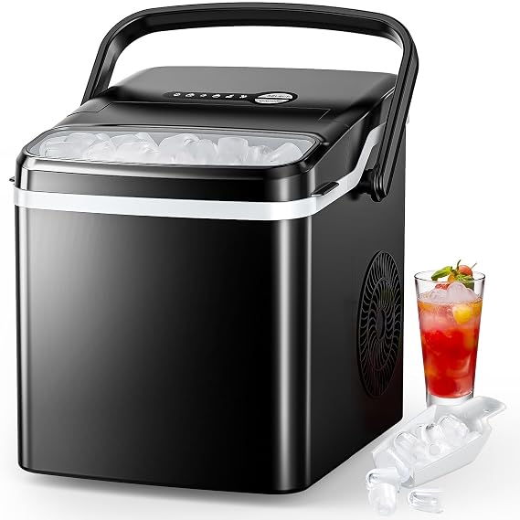 Ice Maker Countertop, Portable Ice Maker Machine, 26.5Lbs/24H, 9Pcs/6Mins, 2 Sizes of Bullet Ice, Self-Cleaning, Basket and Scoop, Ideal for Home/Office/Outdoor Use, Black