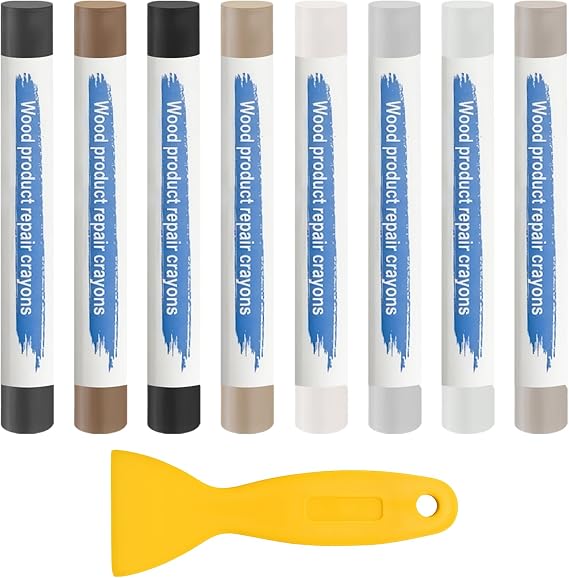 8 Pcs Wax Filler Sticks with Scraper, Wax Repair Sticks, Furniture Wax Scratch Fix Kit for Laminate Floor Repair, Wax Wood Filler Crayons for Chips Holes Cracks, White Brown Grey Series