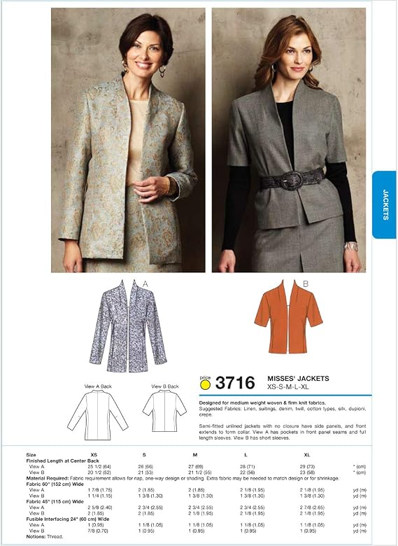 Kwik Sew K3716 Jackets Sewing Pattern, Size XS-S-M-L-XL