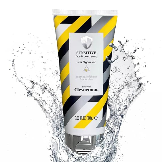 Cleverman Face & Beard Scrub for Men Exfoliating Cleanser for Sensitive Skin, Peppermint Beard Wash, Gentle Facial Exfoliator (100ml)
