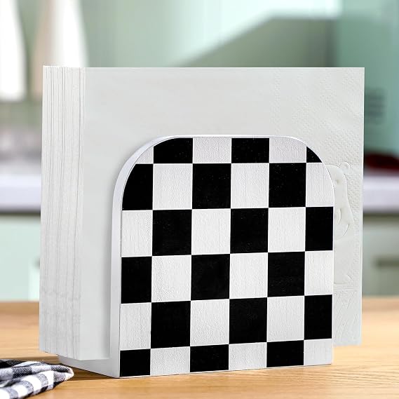 Geelin Checkered Napkin Holder Wood Checkered Kitchen Decor Black and White Napkin Holder Desk Kitchen Accessories for Table Restaurant Bathroom Office Home Decor