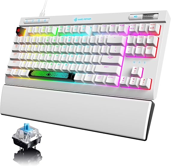 ZIYOU LANG Mechanical Gaming Keyboard,87 Keys Chroma RGB LED Backlit,White Computer Keyboard,PU Wrist Rest,Multimedia Keys,Anti-ghosting Keys,Waterproof Light Up USB Wired Keyboard for PC Mac Xbox