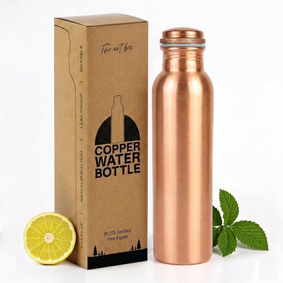 THE ART BOX Plain Copper Water Bottle 1 Liter / 34 Oz Extra Large - an Ayurvedic Pure Copper Vessel - Drink More Water, Lower Your Sugar Intake and Enjoy The Health Benefits Immediately