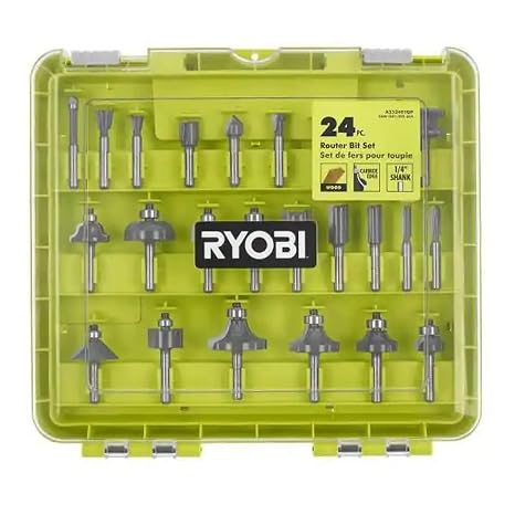 RYOBI 24-Piece Router Bit Set, Carbide Tipped, 1/4 Inch Shank, With Storage Case, For Wood Trimming, Edging and Joining