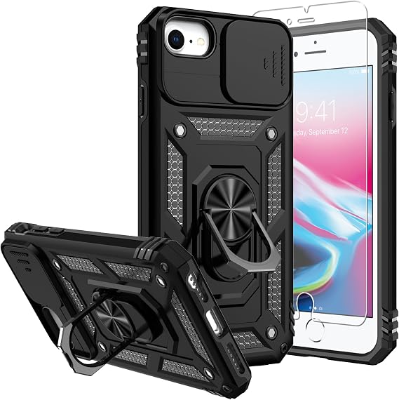 for iPhone SE /2022/3rd/2020,8/7 Case,with Screen Protector and Camera Cover,[Military Grade] 16ft.Drop Tested Cover with Magnetic Kickstand Protective Case for iPhone 8, Black
