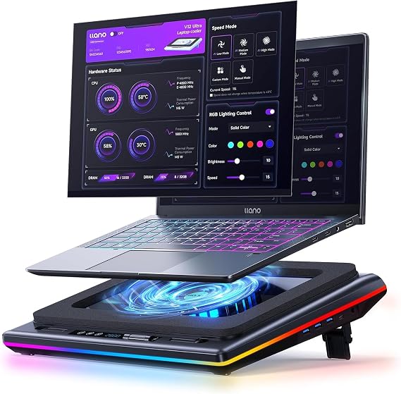 llano V12 Ultra Laptop Cooler Cooling Pad with Intelligent Software Control，RGB Gaming Laptop Cooler Intelligent Temperature Control 5.5 inch Turbo Fan 3 USB 3.0 Ports for 15.6-21 inch Laptops.