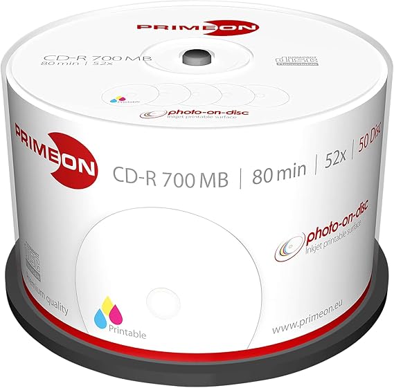 PRIMEON CD-R 80Min/700MB/52x Cake Box (50 Disc) Photo-on-Disc Surface Inkjet Fullsize Printable