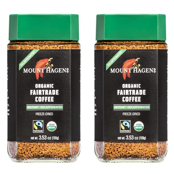 Mount Hagen 3.53oz Organic Freeze Dried Instant Decaf Coffee- 2 Pack | Eco-friendly Decaf Coffee Made From Organic Medium Roast Arabica Beans | Fair-Trade Instant Coffee Decaffeinated [2x 3.53oz Jar]