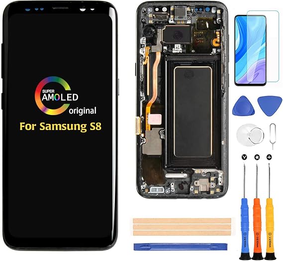 A-MIND for Samsung Galaxy S8 G950Original AMOLED 5.8inch Screen Replacement with Frame Touch Digitizer LCD Display Assembly G950A G950F G950P G950R4 T U V W,Screen Protector+Tools (Black Frame)