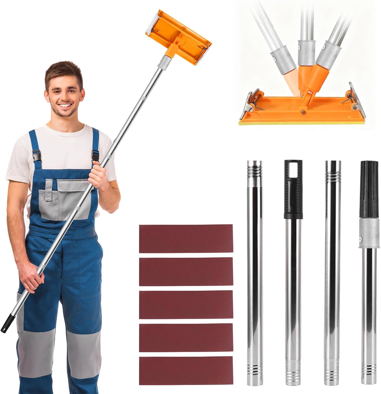 1.2M Pole Sander with Extension Rod, 4-Piece Adjustable Sanding Pole – Wall & Ceiling Sander with 5 Sandpapers, 360-Degree Polishing, 20x9cm Sanding Head for Floor, Wall, Ceiling