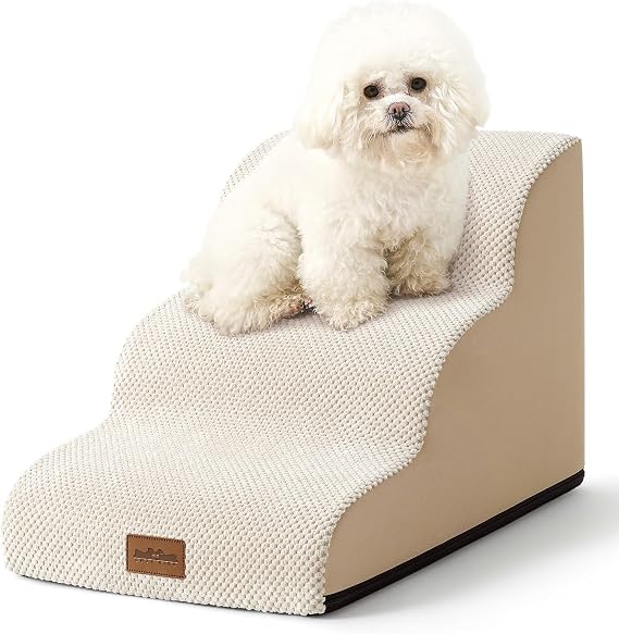 COZY KISS Wide Dog Stairs for Small Dog 15.7" H, 3 Step Pet Ramp for Couch | Curved Stable Dog Step for Puppy, Older Cat, Senior, Medium, Short-Legged Dog, Non-Slip Ladder, 17.7 inch Width, Beige