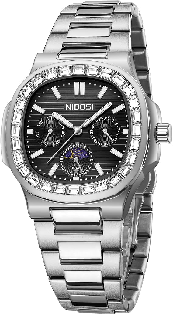 NIBOSI Men Watches Stainless Steel Analog Quartz Chronograph,Water-Resistant Diamond dial with Luminescent Effect and Date Display Function,Gift Selection for Men's Watches