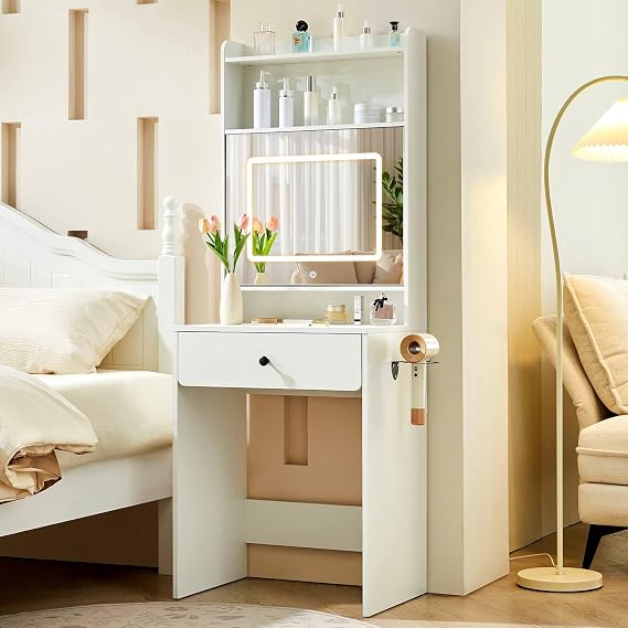 LEMROE Dressing Table with Led Mirror & Charging Station, Compact Vanity