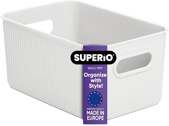Superio Ribbed Collection - Decorative Plastic Basket Open Home Storage Bins Organizer, Medium White (1 Pack) Container Boxes for Organizing Closet Storage Bins for Shelves Drawer Shelf 5 Liter
