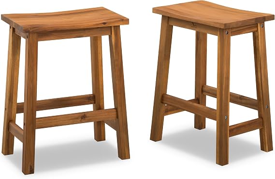 VICTORY RELAX Wooden Counter Stool - Set of 2 Backless Design with Ergonomic Saddle Seat - Natural Acacia Wood Kitchen & Bar Stool - Space-Saving Seating & Decor, 24 Inch Height