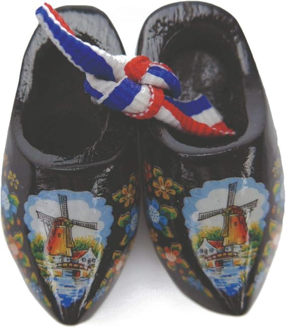 Holland Wooden Shoes Pair Dutch Windmill Scene Deluxe Clogs Black (1.5") | DutchGiftOutlet