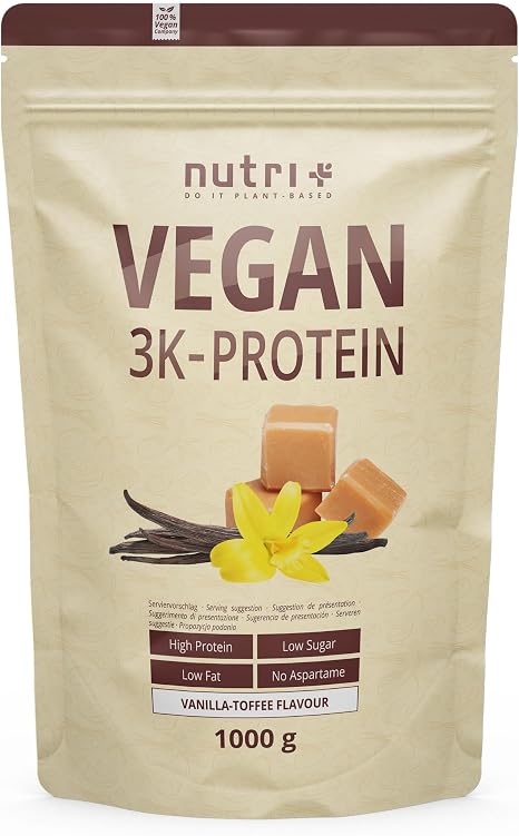 Nutri + 3K Protein Powder Vegan Vanilla Caramel Toffee Flavour 1 kg 80% Protein Low in Sugar Shake 1000 g