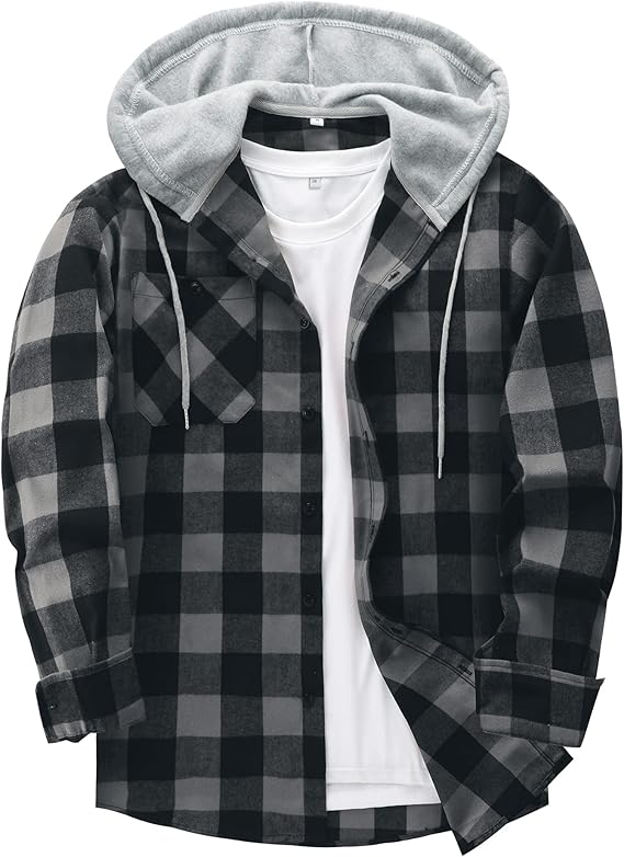 Hooded Flannel Shirts for Men Plaid Long Sleeve Flannel Jacket Hoodies | Button-Down, Lightweight Coat, Classic Plaid Shirts with Hood, Flannel Hoodies with Pocket