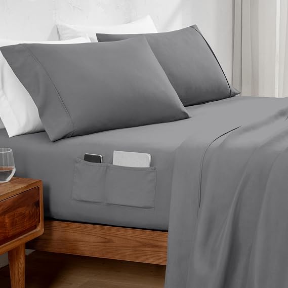 Bare Home Sheet Set Storage Pocket 1800 Ultra-Soft (California King, Grey)