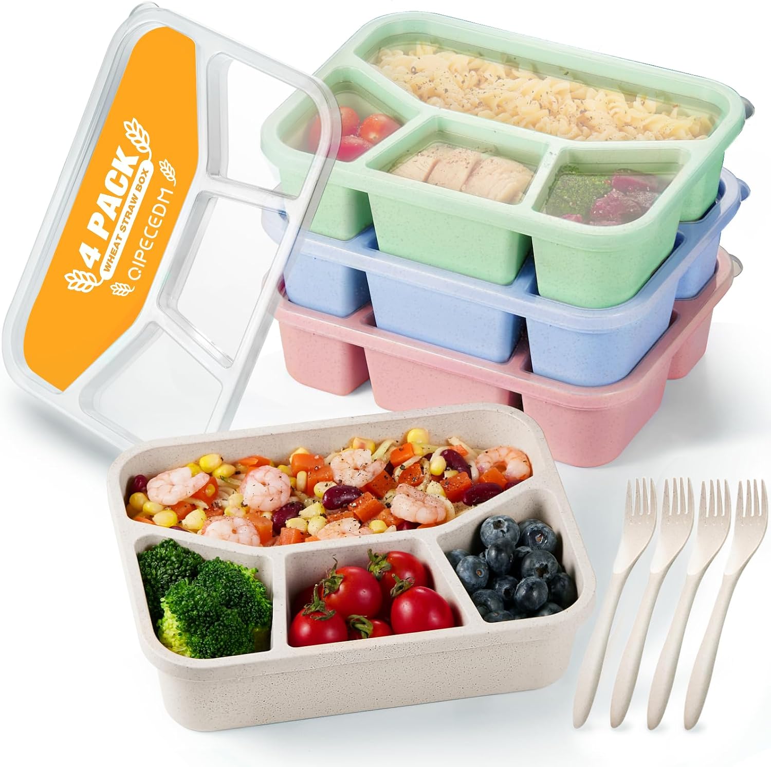 4 Pack Bento Lunch Box, 4 Compartment Wheat Straw Meal Prep Containers for KidsToddleAdults, BPA Free Reusable Food Snack Storage Containers, Durable Bento Box for School, Work and Travel