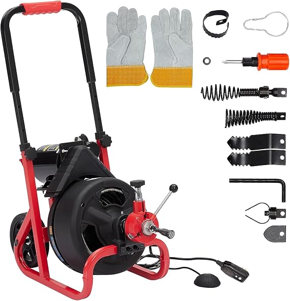 Drain Cleaner Machine - 100Ft x 3/8 Inch, Auto-feed Electric Drain Auger for Plumbing with 6 Cutters, Glove, Commercial sewer snake Drill Drain Auger Cleaner for 2- 4(50-100mm) Pipes