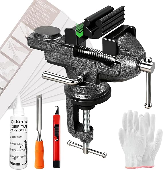 Golf Regripping Kit with Portable Rotating Vise, Tape, Solvent & Tools | DIY set with 360 rotating table vise, rubber shaft clamp, hook blade, 15 grip tape strips, solvent, and tools.
