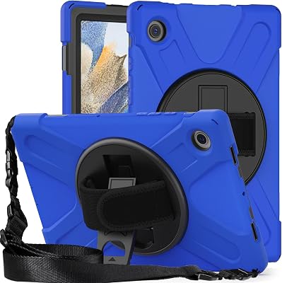 KIQ Shield Series for Samsung Galaxy Tab A8 Case 10.5 2022 SM-X200X205X207 wRotating Hand Strap Stand Shoulder Strap Heavy Duty Shockproof Kids Galaxy Tab A8 10.5 Case - Dark Blue