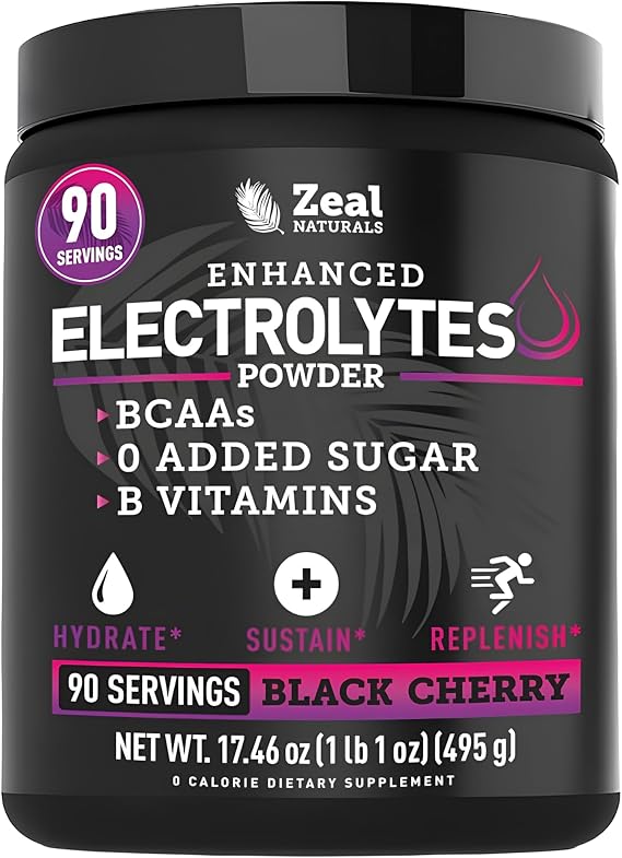 Zeal Naturals Electrolyte Powder - 90 Servings | Keto Electrolytes Powder | Zero Sugar, BCAAs, B-Vitamins | Potassium, Zinc, Magnesium | Hydration Powder Recovery Drink | Black Cherry