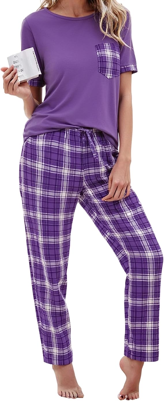 Litherday Women's Pyjamas Set Short Sleeve Cotton Pjs Loungewear Soft Nightwear Sleepwear Set with Pockets