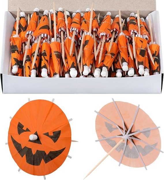 Chengu 100 Pcs Halloween Pumpkin Cocktail Umbrella Picks Paper Toothpicks