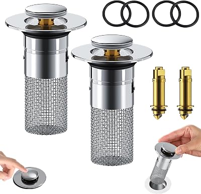 Timnamy Drain Filter, Kouglh Sink Drain Strainer, Bathroom Sink Stopper Hair Catcher, Pop Up Stainless Steel Floor Drain Filter with Removable Filter Basket, for 1.1-1.45 Basin Drain Hole 2Pcs