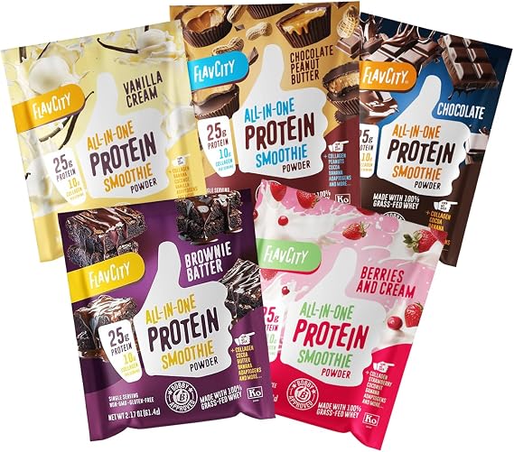 FlavCity All in One Protein Shake Powder Packets - On the Go Meal Alternative + 25g Protein & 10g Collagen, Made with Organic Reishi & Cordyceps Mushrooms - No Added Sugars, Variety 10 Pack