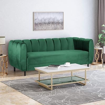 roomfitters Modern Velvet Sofa with Channel Stitching and Birch Wood Legs, Stylish Sofa for Living Room and Bedroom, Emerald