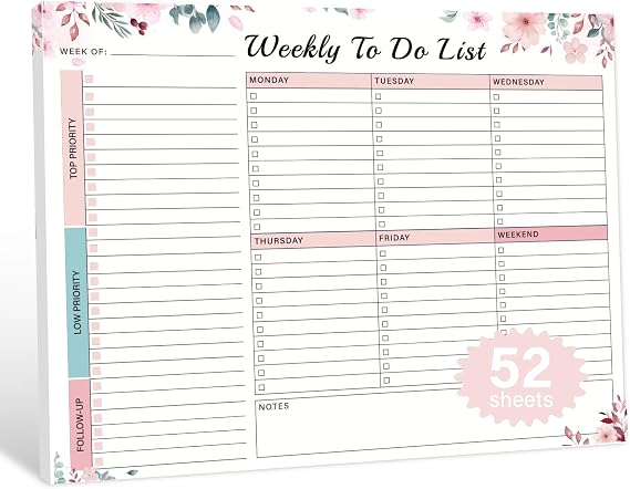 Weekly To Do List Notepad - 52 Undated Glue Bound Tear-Off Sheets (8.5"x11") for Desk Planning | Home, Work & School Organization Pad for Women & Men (Pink)