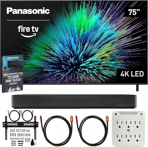 Panasonic TV-75W70BP W70 Series 75 inch LED 4K Ultra HD Smart Fire TV Bundle with Bluetooth Soundbar, TV Wall Mount, 6-Outlet Surge Adapter, Theater Essentials and 2X HDMI Cable