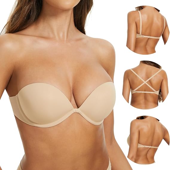 Women's Strapless Bra Push Up-Non Slip Invisible Low Back Padded Plunge Bra