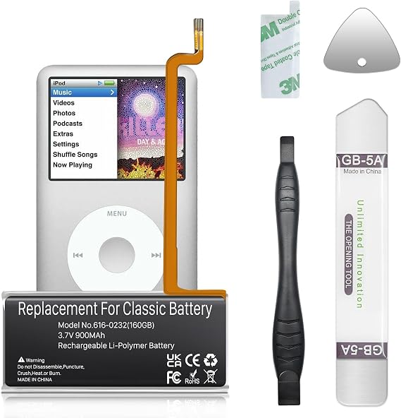 Upgrade 900mAh Battery for iPod 5th - 7th Generation Video Classic , High Capacity 616-0232 Battery with iPod 5th - 7th (A1136 A1238) 5th 30GB 6th 80GB 6.5th 120GB 7th 160GB with Repair Tool Kits