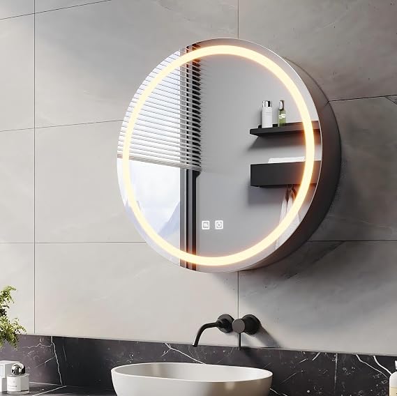 ELEGANT 600x600mm Round Illuminated LED Bathroom Mirror Cabinet with Shaver Socket Wall Mounted Mirror Cabinet with Three-Color Infinitely Dimmable Round Mirrored Cabinet with Demister Matte Black [Energy Class D]