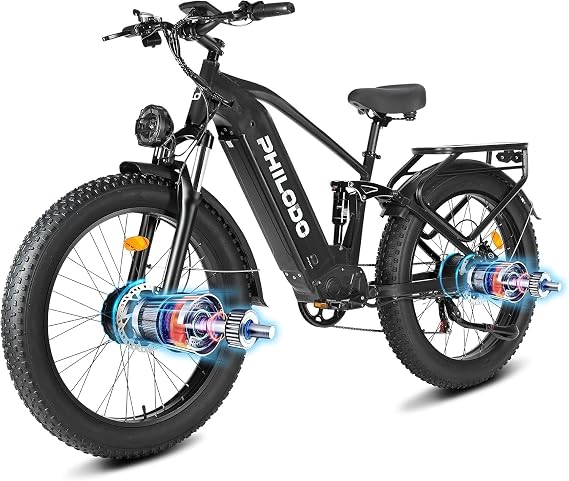 5000W Peak Dual Motor Electric Bike for Adults, 60V 32Ah E-Bike with 45 MiIePH Max Speed, Full Suspension & Hydraulic Disc Brakes, 26"x4"/24"x4" Fat Tire Mountain Bike for All Terrain (Snow/Sand)