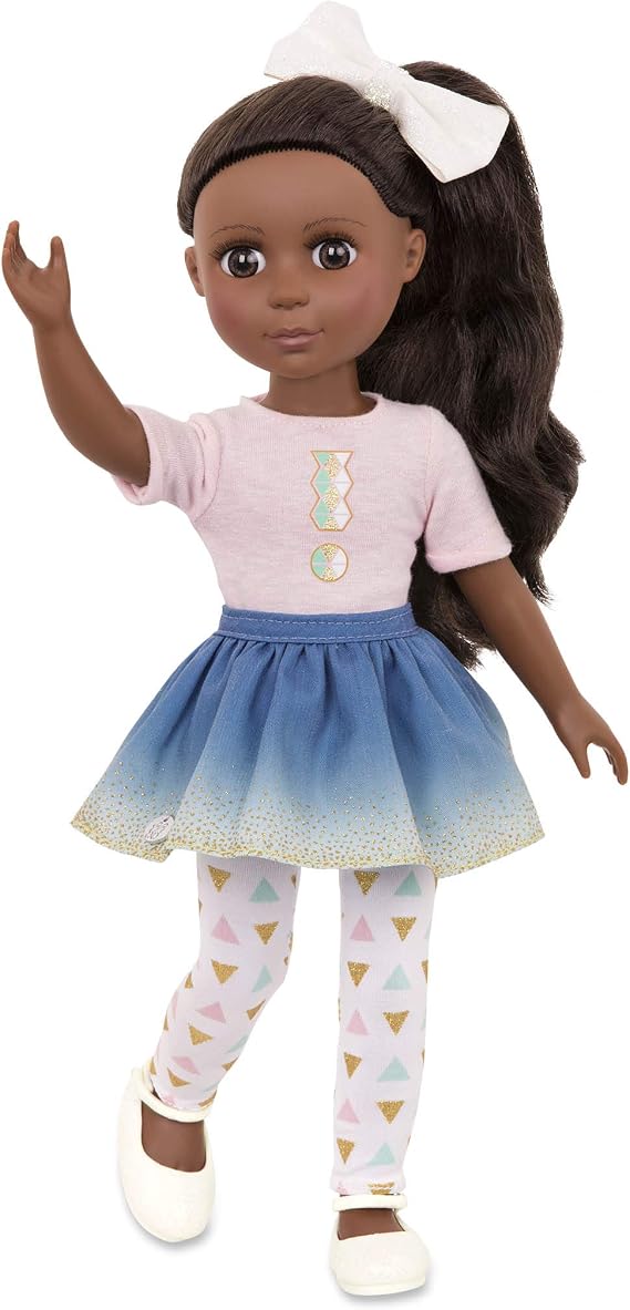 Glitter Girls 14-Inch Fashion Doll Long Brown Hair & Brown Eyes Top & Blue Ombre Skirt with Gold Glitter Medium Dark Skin Tone 3+ Years Keltie