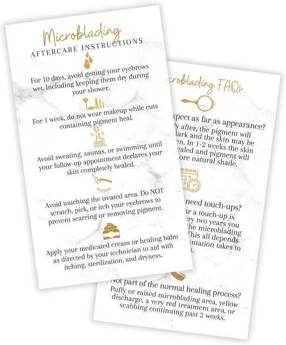 Boutique Marketing LLC Microblading Aftercare Cards | 50 Pack | Size 3.5 x 2 in inches | Disposable FAQ Microblade Recommended Care Instructions | PMU Marble Look with Non-Metallic Gold Color Design