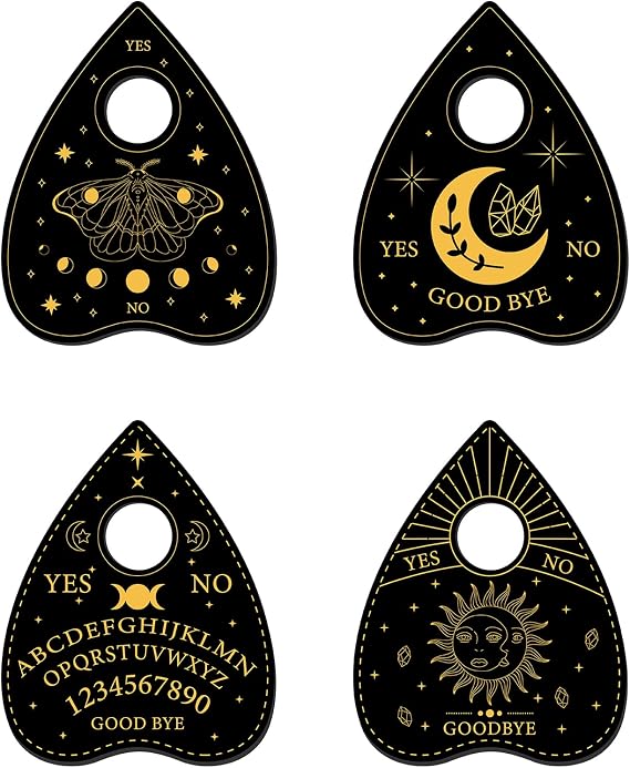 CREATCABIN 4Pcs Planchette Spirit Board Wooden Crystal Holder Mini Crystal Sphere Display Stand Witch Stuff Wiccan Altar Decor Witchy Gift Supplies Small Tray for Crystal Ball Stones Witchcraft(Black)