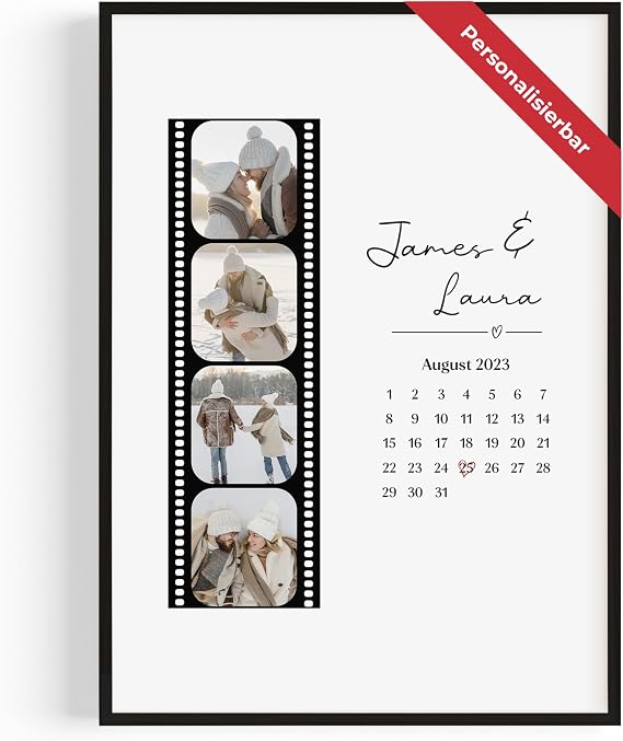 GiveSmiles Personalised Photo Film Poster with 4 Photos Name and Date Gifts for women - gift for women gift Valentine's Day for him wedding gifts for newlyweds