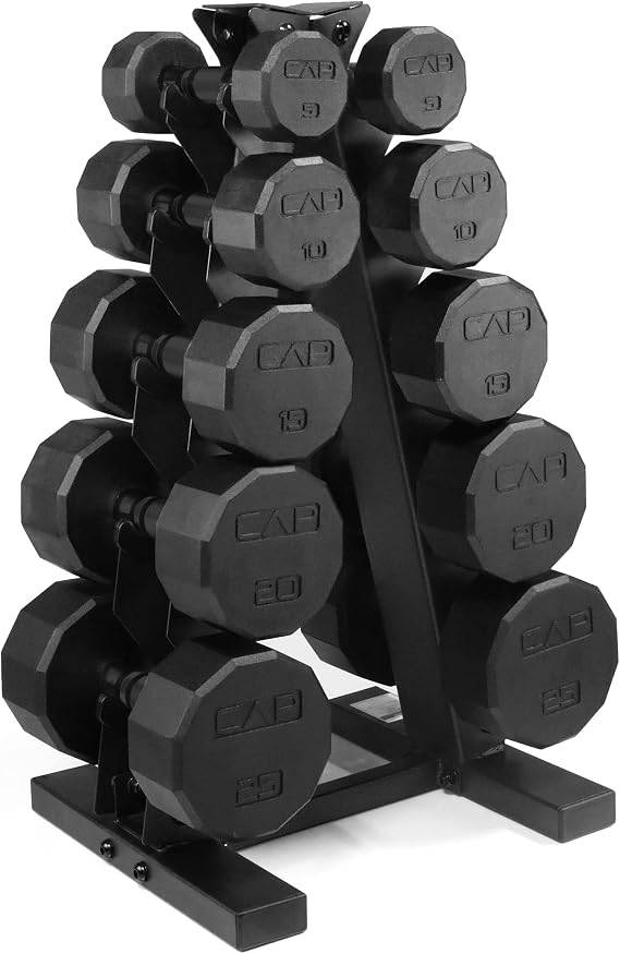CAP Rubber Coated Hex Dumbbell Set with Storage Rack | 100210 lb Options, Space-Saving Vertical Compact Storage for Home Gym Strength Training