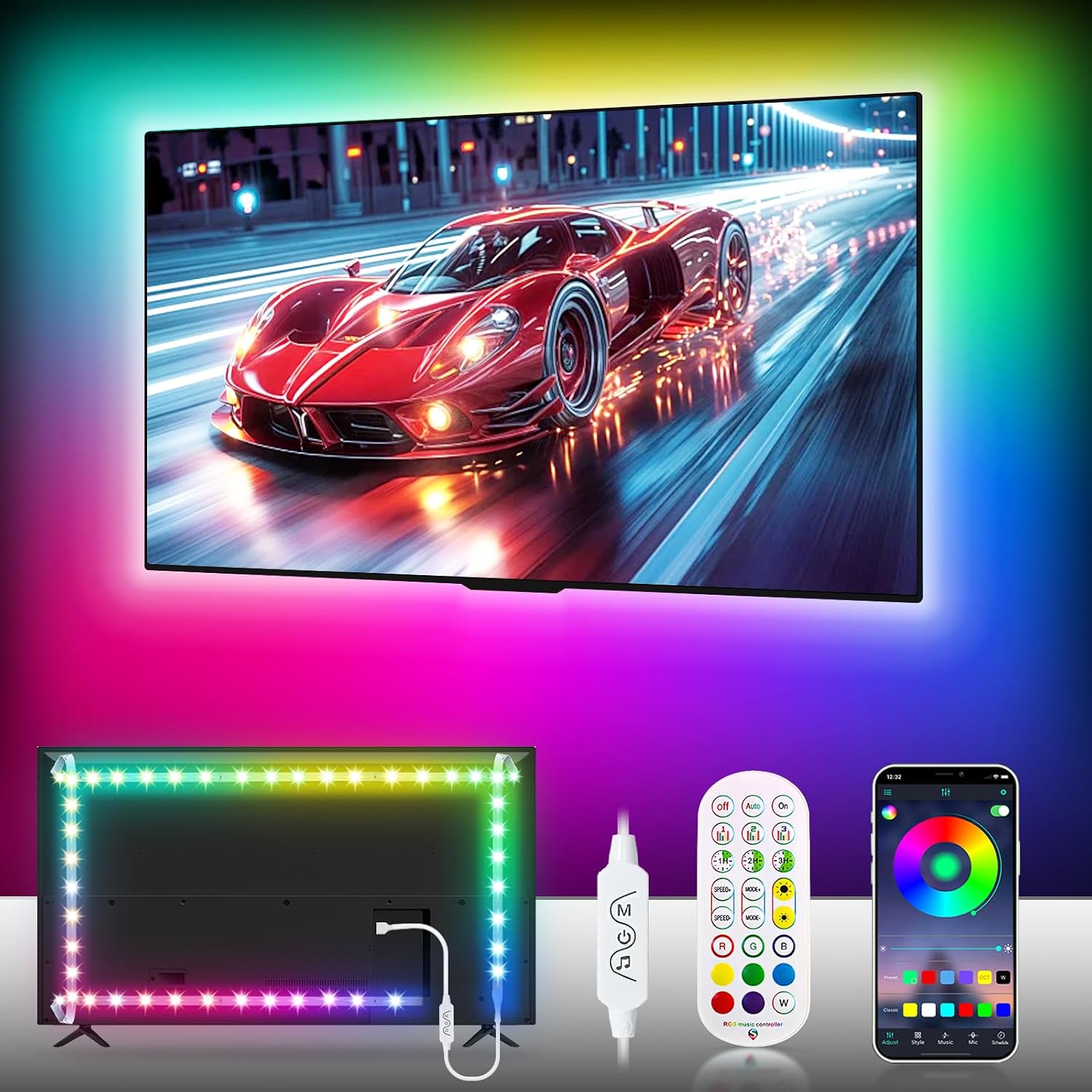 LED Strip Light 5m, Led Lights for TV Led Backlight for 55-85 inch Monitor Behind Lighting, USB Powered ICRGB Lights with Remote, Music Sync Bluetooth APP Control for Bedroom [Energy Class F]
