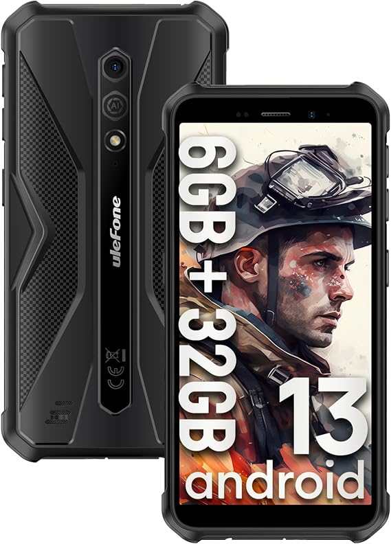 Ulefone Armor X12 Rugged Smartphone, Waterproof Phones Unlocked, Octa-core Android 13, 6GB+32GB, Dual SIM Global 4G LTE, 4860mAh Battery, Face Recognition, Bluetooth, NFC, Compass - Black