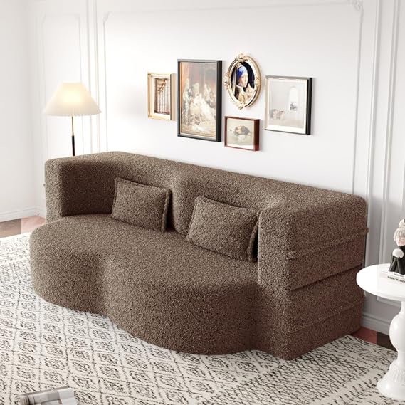 Convertible Sofa Bed Full Size|78" Sleeper Couch with 2 Pillows|Boucle Fabric Folding Sofa Bed|High-Density Foam|No Assembly|Space-Saving|for Living Room, Guest Room|Brown